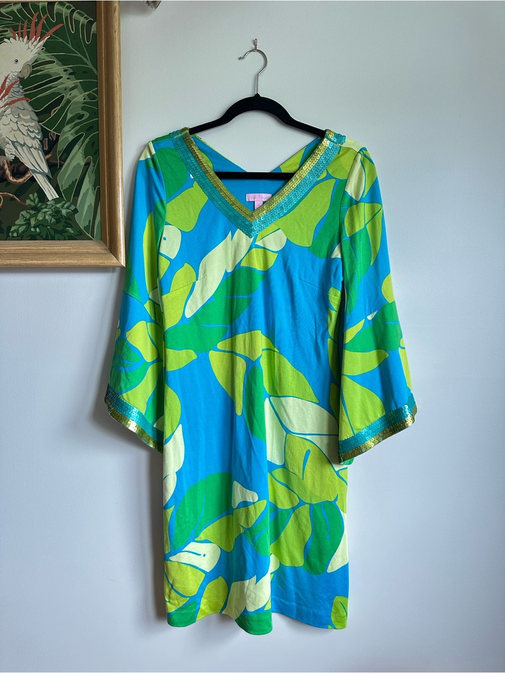 Lilly Pulitzer Leaf Print Silk Blend Sequin Trim Mod Dress Womens Medium Blue